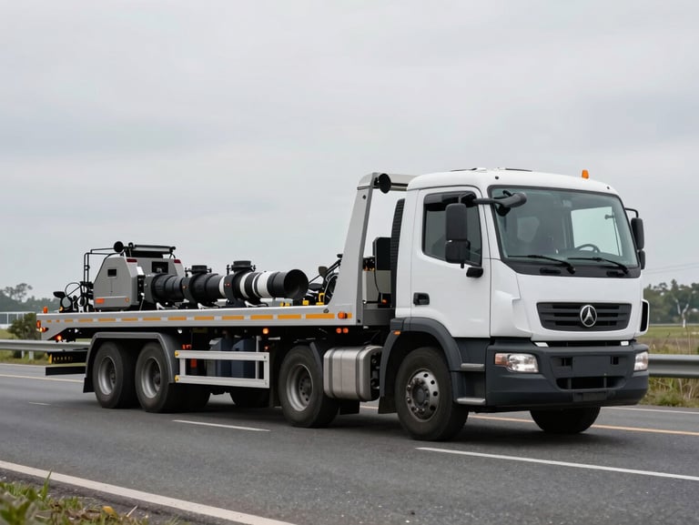 Wide daylight shot, a heavy-duty tow truck transporting a commercial van on a highway, clear overcast sky, professional setup.