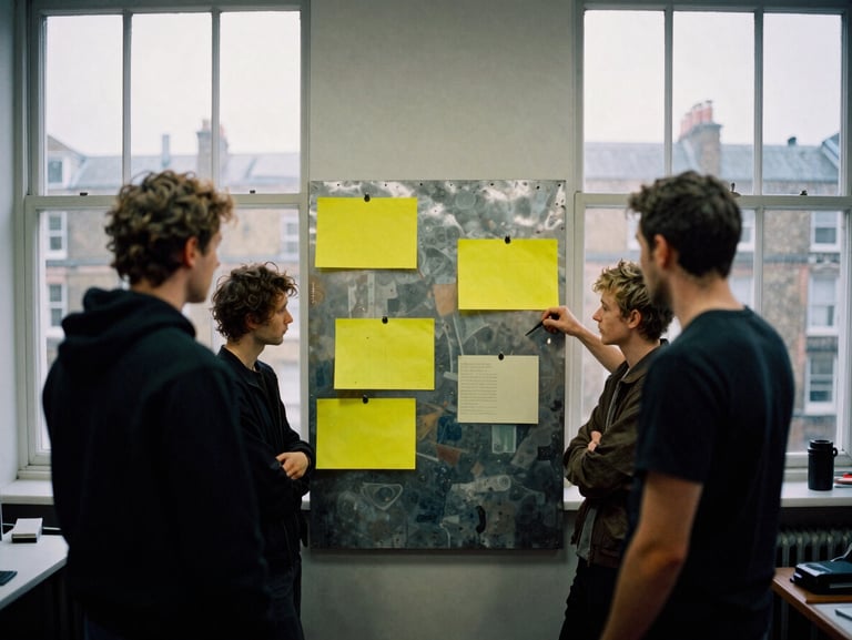 Candid unposed team session around a physical metal mood board in a Poplar studio, overcast daylight through large windows, 35mm film grain
