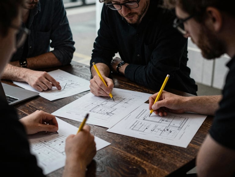 Candid unposed shot of a creative team reviewing physical layout proofs on a dark wooden table under moody natural light.