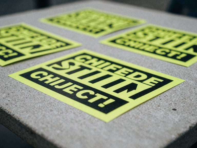 Close-up macro detail of printed neon yellow and black campaign collateral scattered on a concrete table, moody natural light, 35mm film grain