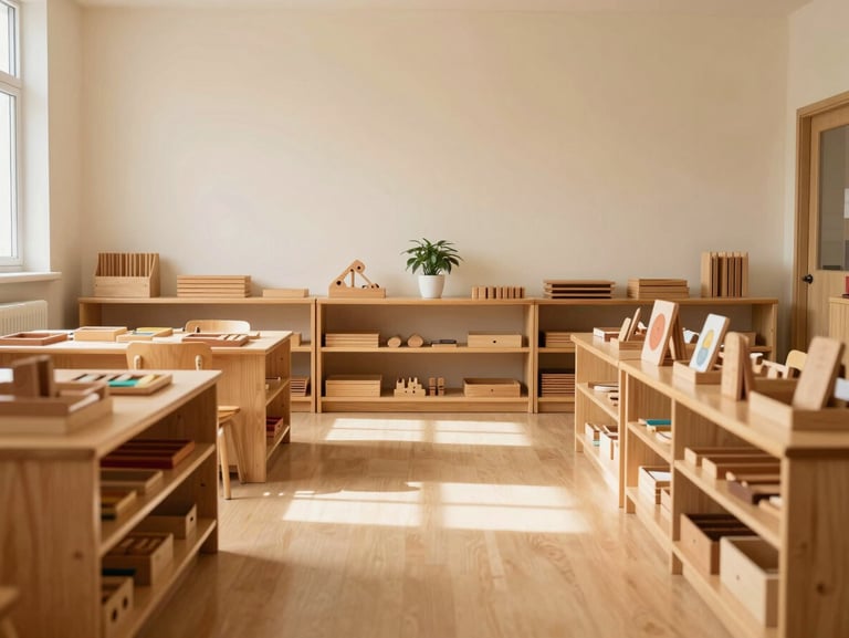 A wide, symmetrical view of a sunlit Montessori classroom with low wooden shelves holding structured wooden materials, a small potted plant, warm ivory walls, soft daylight.
