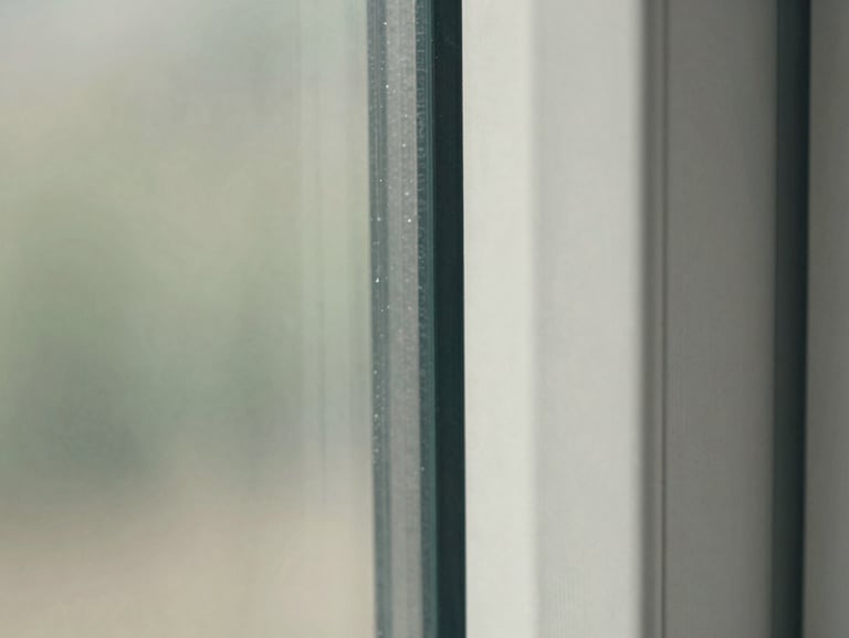 Macro close-up of a pristine, restored glass pane edge meeting a clean slate frame, highlighting absolute transparency and zero residue under sharp daylight.