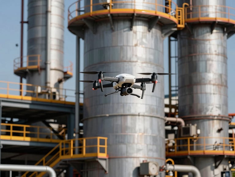 Professional industrial drone flying over a large steel refinery structure, crisp daylight, high contrast slate and safety orange tones, sharp focus
