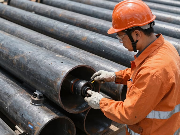 Industrial inspector performing non-destructive testing on steel pipes, crisp daylight, high contrast slate and safety orange tones, sharp focus