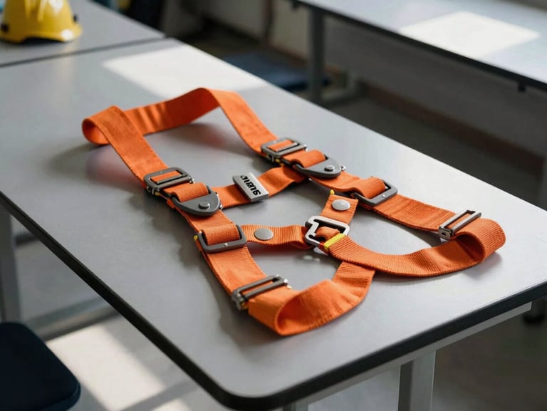 Technical safety training classroom with industrial harness equipment on a table, crisp daylight, high contrast slate and safety orange tones, sharp focus