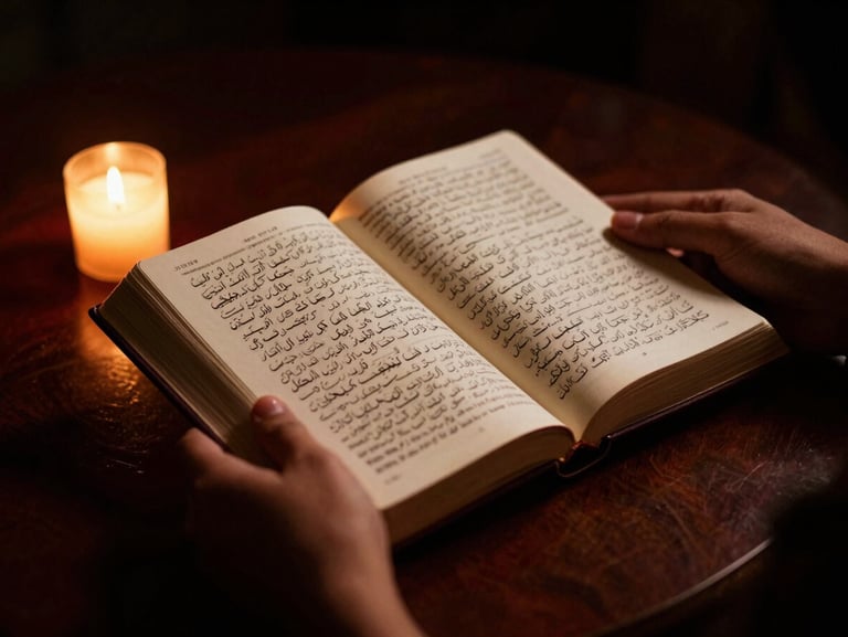 Hands holding open Bible in Urdu translation, warm candle light, deep shadows, 35mm