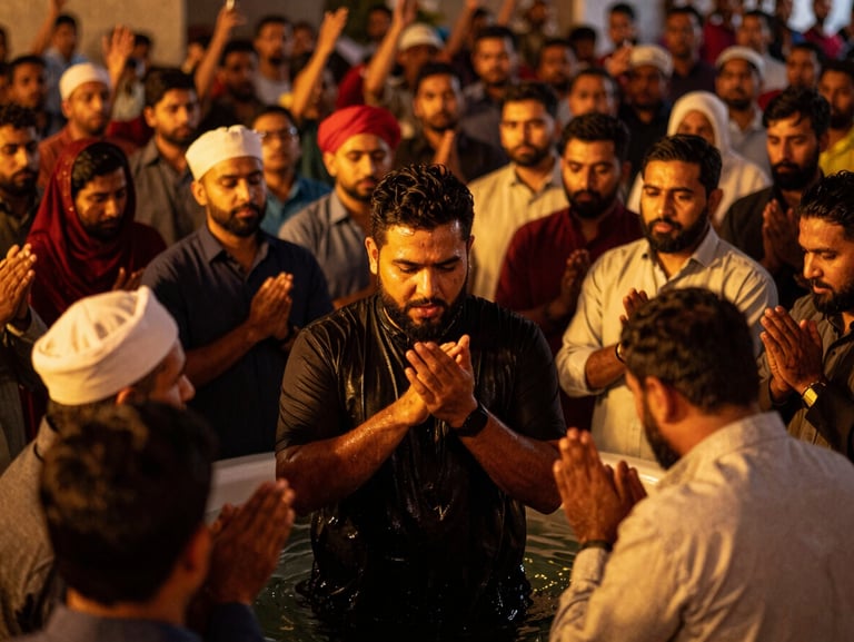 Vibrant global congregation in Pakistan gathered for baptism in Jesus' name, dramatic warm lighting