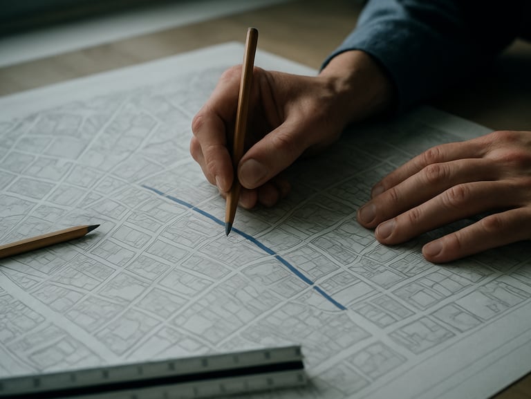Close-up of hands tracing a printed urban planning map on a wide desk under cool overcast window light, pencil resting nearby, architectural scale rule at the edge of frame, paper texture visible