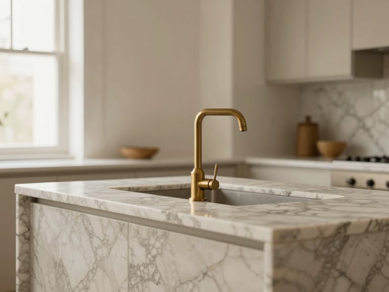 Architectural close-up of a kitchen island made of heavily veined Calacatta marble, brushed brass faucet, indirect daylight