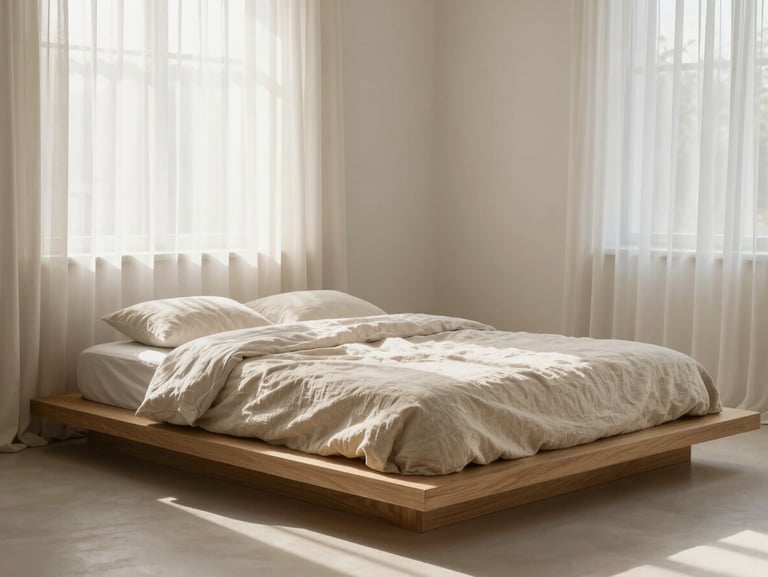Minimalist bedroom with low oak bed platform, raw linen bedding, soft morning light streaming through sheer curtains