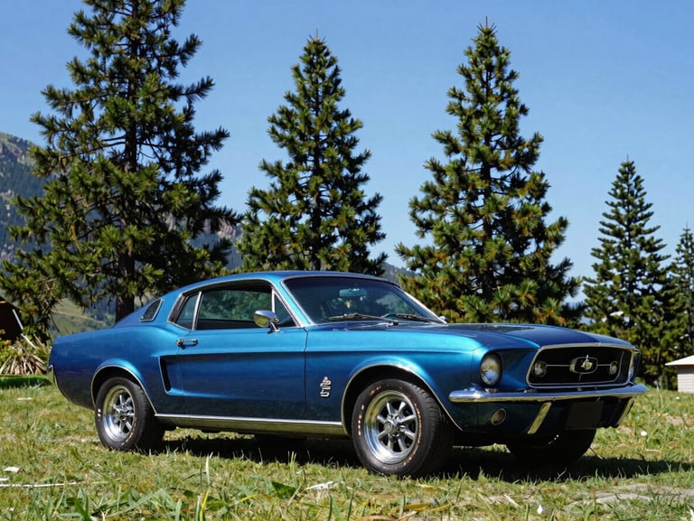 Low-angle shot of a fully restored 1968 Ford Mustang in deep blue, parked on mountain grass, towering pines and clear blue sky in background