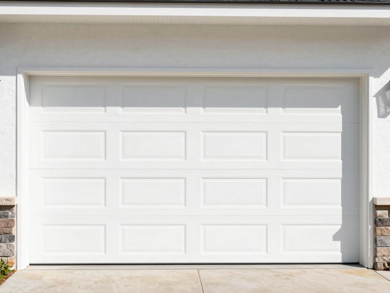 Pristine white garage door on a modern home exterior under bright saturated afternoon sunlight, clean shadows, sharp focus