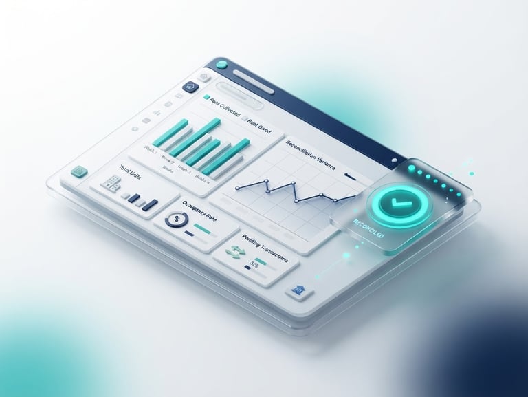 Isometric 3D render of a clean SaaS dashboard, showing automated rent reconciliation graphs and a teal status indicator, white background, modern tech aesthetic