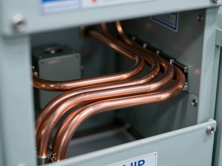 Close-up of pristine copper busbars inside an IP-rated industrial electrical panel, sharp technical lighting, cool blue accents.
