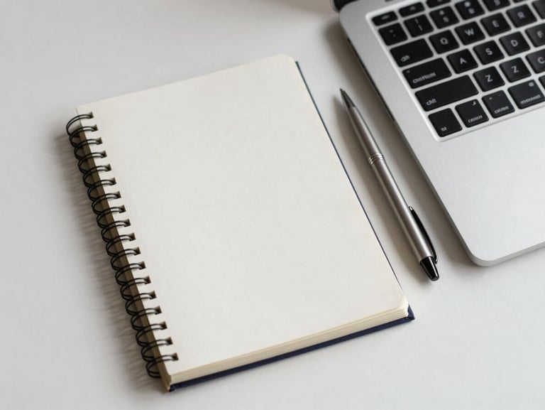 Overhead close-up of a blank notebook opened to the first page beside a laptop keyboard on a clean white desk, single pen placed diagonally, even natural daylight from the left
