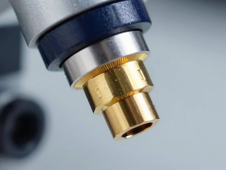 Macro close-up of a high-precision laboratory instrument interface, cool dark-field microscopy illumination, gold accents on metallic surfaces, sharp focus