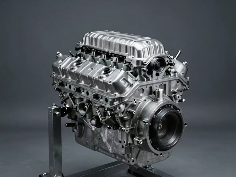 A pristine rebuilt V8 engine block mounted on a clean steel stand in a cool-toned workshop