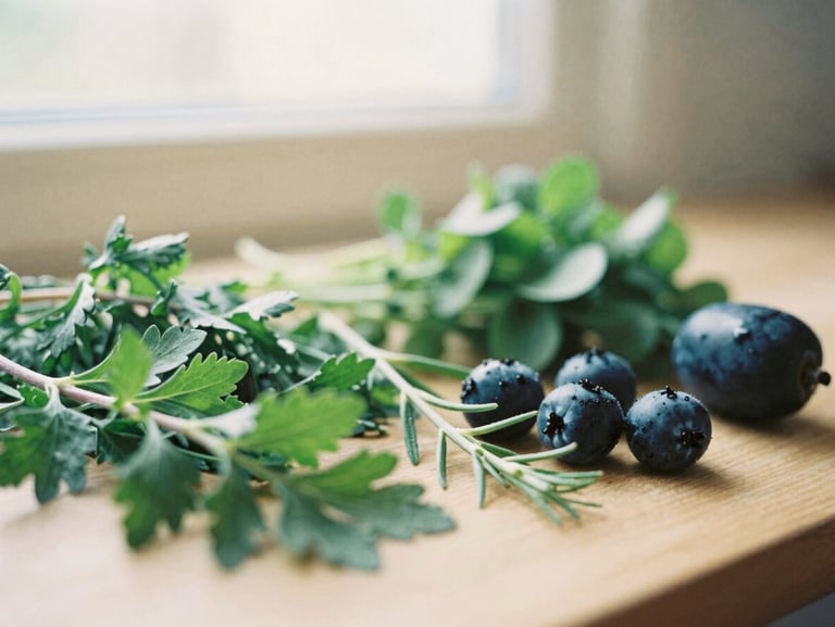 Close-up of fresh green herbs and natural whole foods on a clean wooden surface, soft morning window daylight, warm editorial photography, 35mm