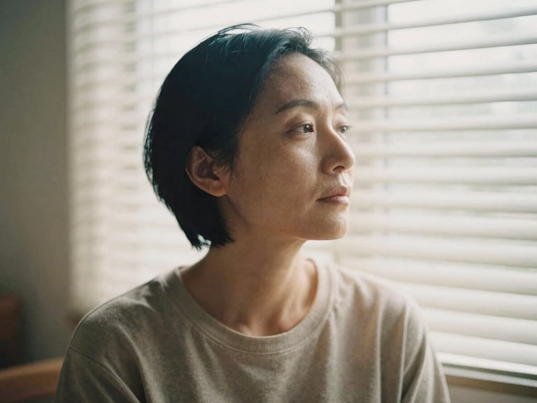 Serene portrait of an adult in a moment of calm reflection, soft light filtering through window blinds, muted beige tones, shallow depth of field, 35mm