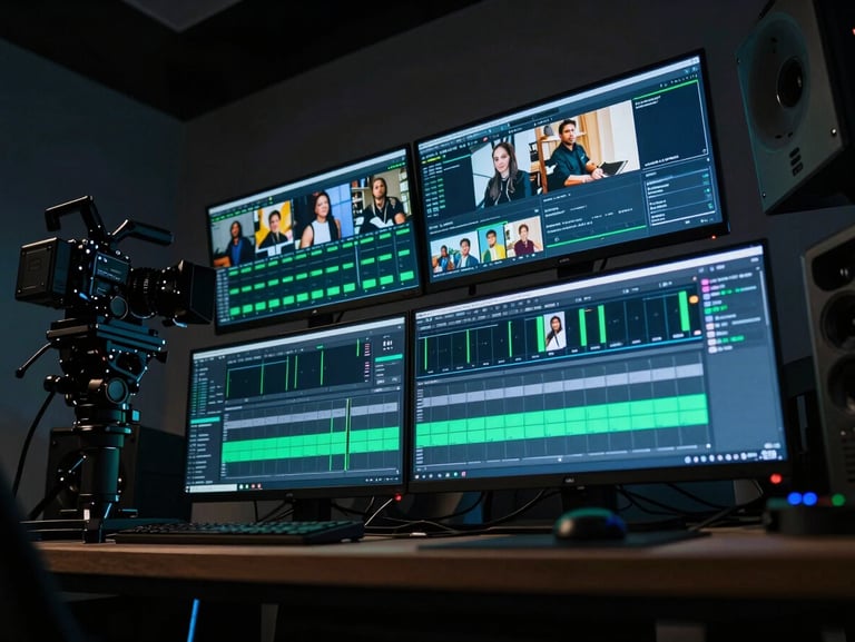 Low-angle shot of a creative studio editing bay, high-end camera gear, glowing monitors showing social video timelines with neon green accents