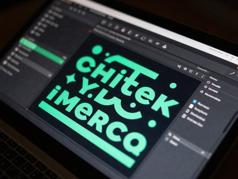 Close-up of a designer editing vector graphics and typography on a screen, glowing electric green interface elements, dark moody lighting