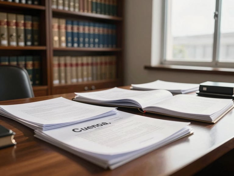 Wide shot of a working legal office interior in Cuenca, Ecuador — a desk with open case files and legal codes under natural window light, bookshelves of bound legal volumes in the background, warm daylight falling across the documents, no people visible