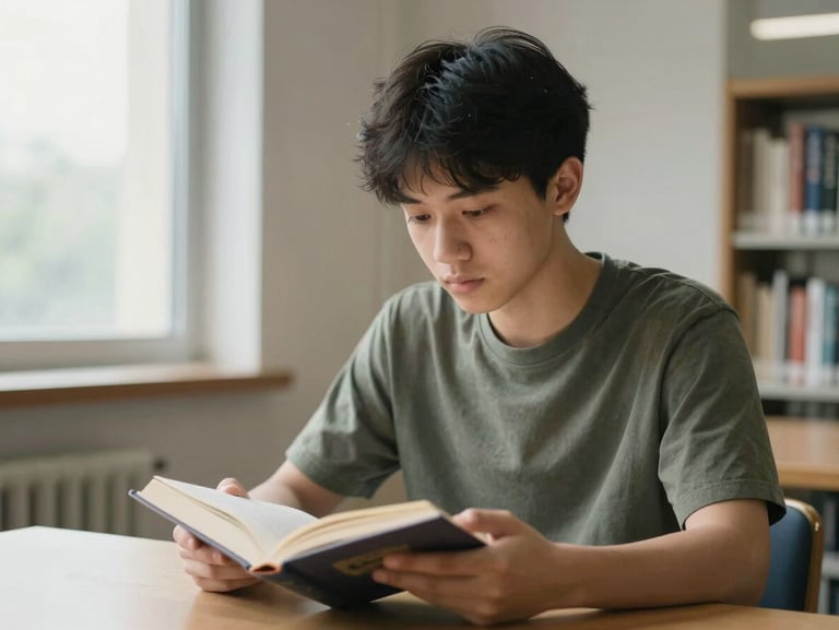 Environmental portrait of a student in deep concentration, studying a physical book in a clean minimalist library, soft natural window light.