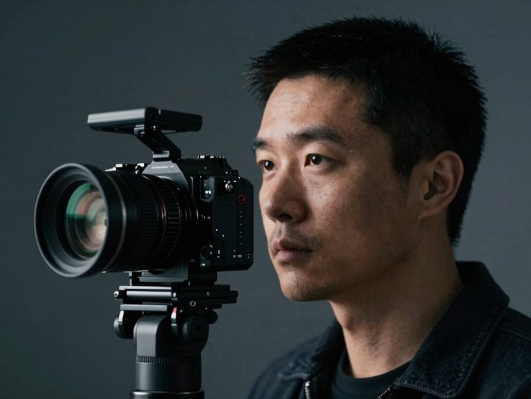Close-up portrait of a professional director of photography looking off-camera, moody studio lighting, anamorphic lens, shallow depth of field