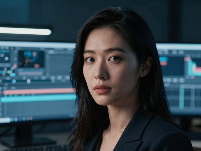 Close-up portrait of a female creative director in a high-end editing suite with monitors in the background, cool blue lighting, shallow depth of field