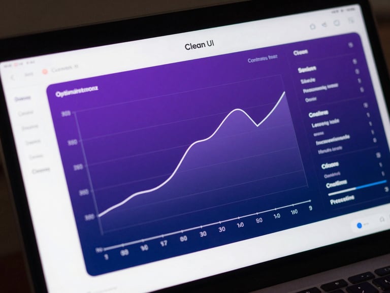 Clean UI dashboard mockup showing real-time optimization curves and performance metrics in violet and deep blue