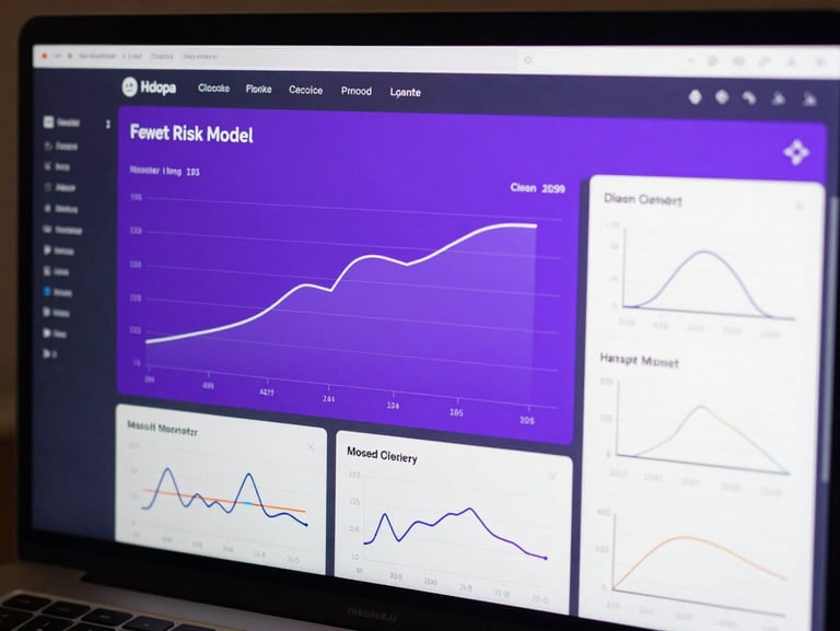 Clean UI dashboard visualization showing complex risk model metrics, asset allocation curves, and mathematical charts in high-contrast violet.