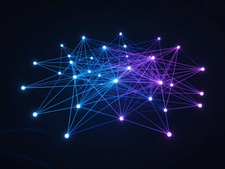 Abstract ultra-wide vector diagram of optimized network routing paths, thin blue and purple lines connecting glowing nodes on a deep obsidian background.