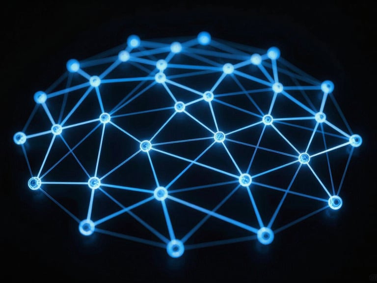 A macro wireframe graphic of a node-based network grid, glowing electric blue lines on a pure black background, high-contrast technical UI interface.