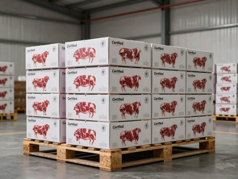 Certified wholesale beef packaging boxes stacked on clean pallets inside a modern refrigerated warehouse, bright neutral lighting.