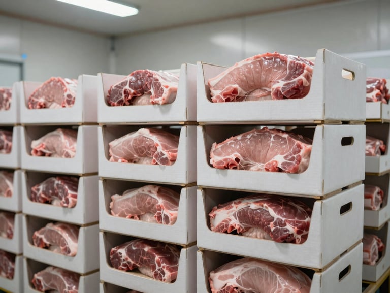Neatly stacked wholesale boxes of pork products inside a bright, clean cold storage facility, neutral industrial lighting.