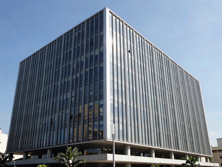 Exterior architectural shot of a modern, clean corporate office building in Porto Alegre, steel and glass facade, bright daylight, professional atmosphere.