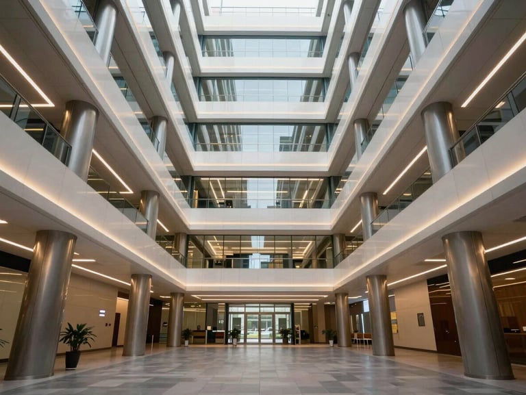 Symmetrical interior shot of a modern corporate headquarters in Karnataka, featuring linear LED lighting and steel columns.