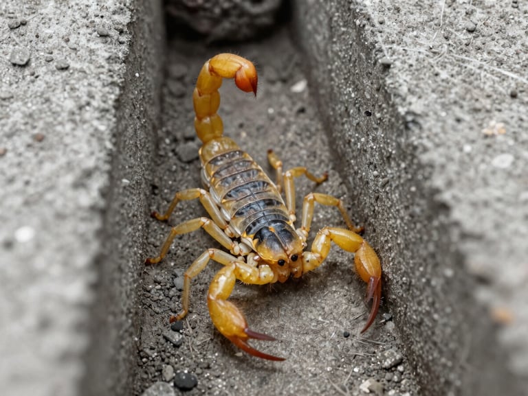 Scientific diagram-like macro photo of a yellow scorpion hiding in a narrow concrete brick crevice, high contrast, landscape aspect.