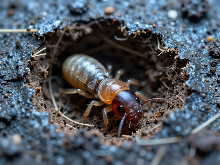 Macro photography of subterranean termites tunneling through damp wood fibers, clinical steel-blue lighting, high contrast