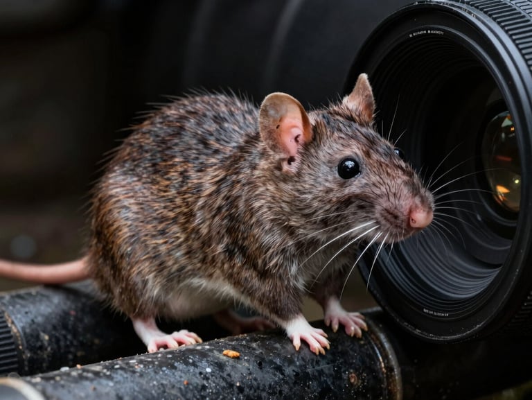 Clinical close-up photo of a brown rat near urban drainage pipes, dark background, sharp high-contrast details
