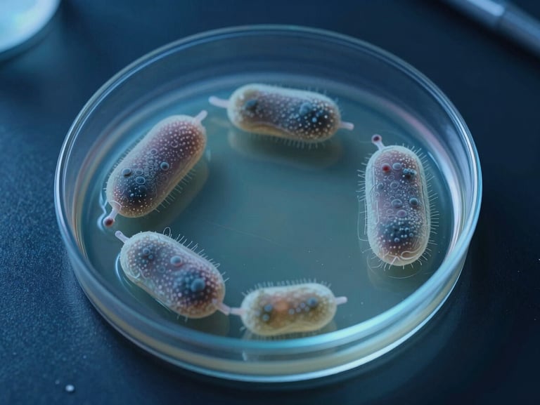 Macro photography of a clean clinical petri dish showing bacterial cultures under blue light, scientific visualization.