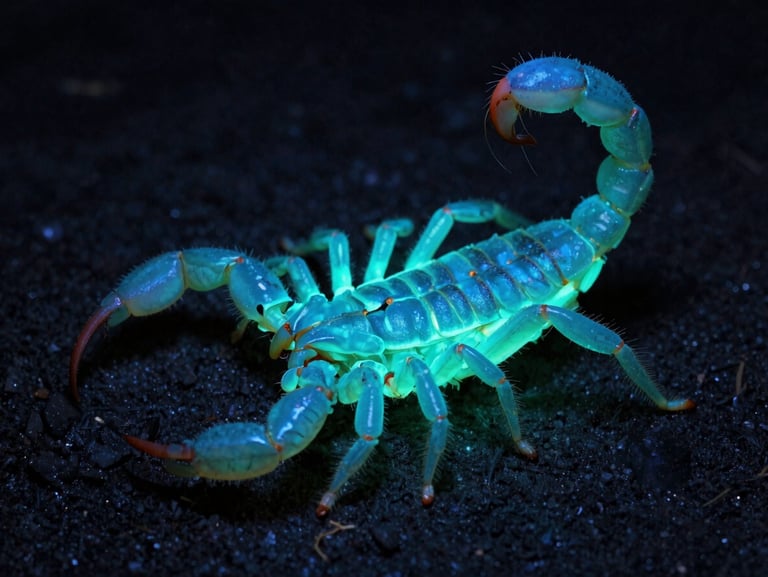 Macro shot of a scorpion's sensory pectines under a clinical ultraviolet light, glowing neon blue-green, landscape aspect.