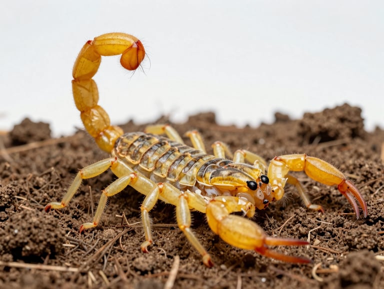 Macro photography of a yellow scorpion Tityus serrulatus on dry soil, clinical white laboratory lighting, high contrast detail
