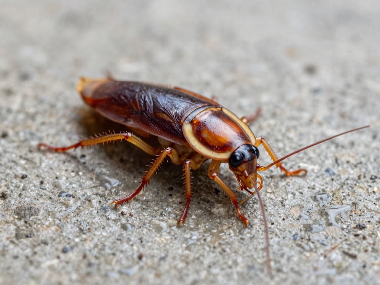 Macro photography of an American cockroach showing detailed antennae and legs on a damp concrete surface, clinical lighting