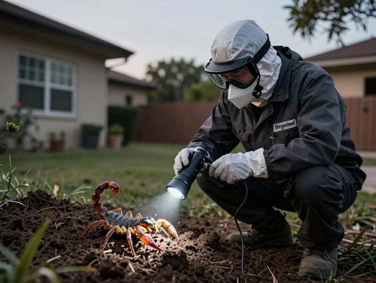 Branded technician in protective gear using a specialized ultraviolet flashlight to detect scorpions in a dark outdoor residential area, landscape aspect.