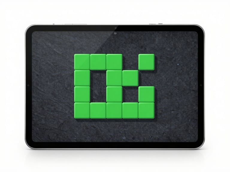 Straight-on orthographic view of an Android tablet displaying a minimalist 2D puzzle game with green blocks on a dark slate grid, clean vector style, bright studio light