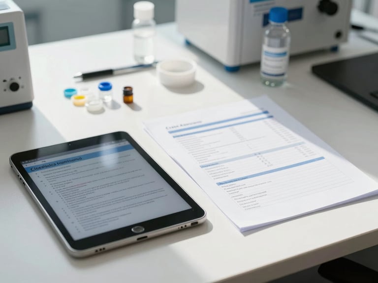 Clinical testing materials, structured evaluation forms, and a digital tablet on a clean, organized desk in a bright corporate office under natural light.