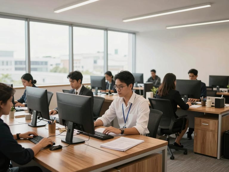 Bright, natural light illuminating a structured, modern Colombian office space with organized wooden desks and focused professionals.