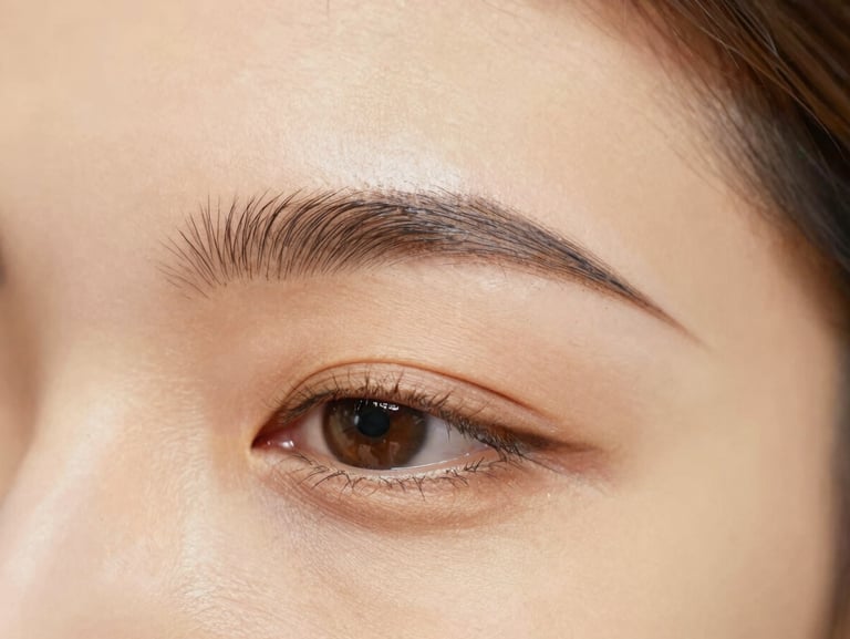 Macro close-up of precise permanent makeup micro-strokes on perfect skin, warm golden light, shallow depth of field