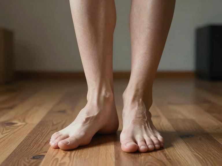 Close detail of bare feet planted on a wooden studio floor, north-facing daylight, sharp focus on the arch and heel, empty room visible in soft background